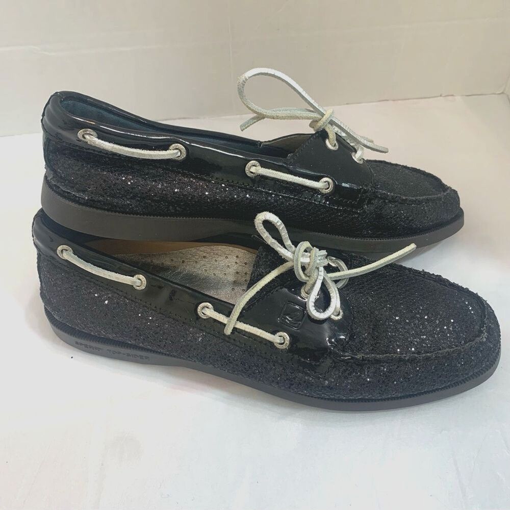 SPERRY Top Sider Loafers Shoes Size 9.5 M Comfort Black Glitter Sparkly Boat